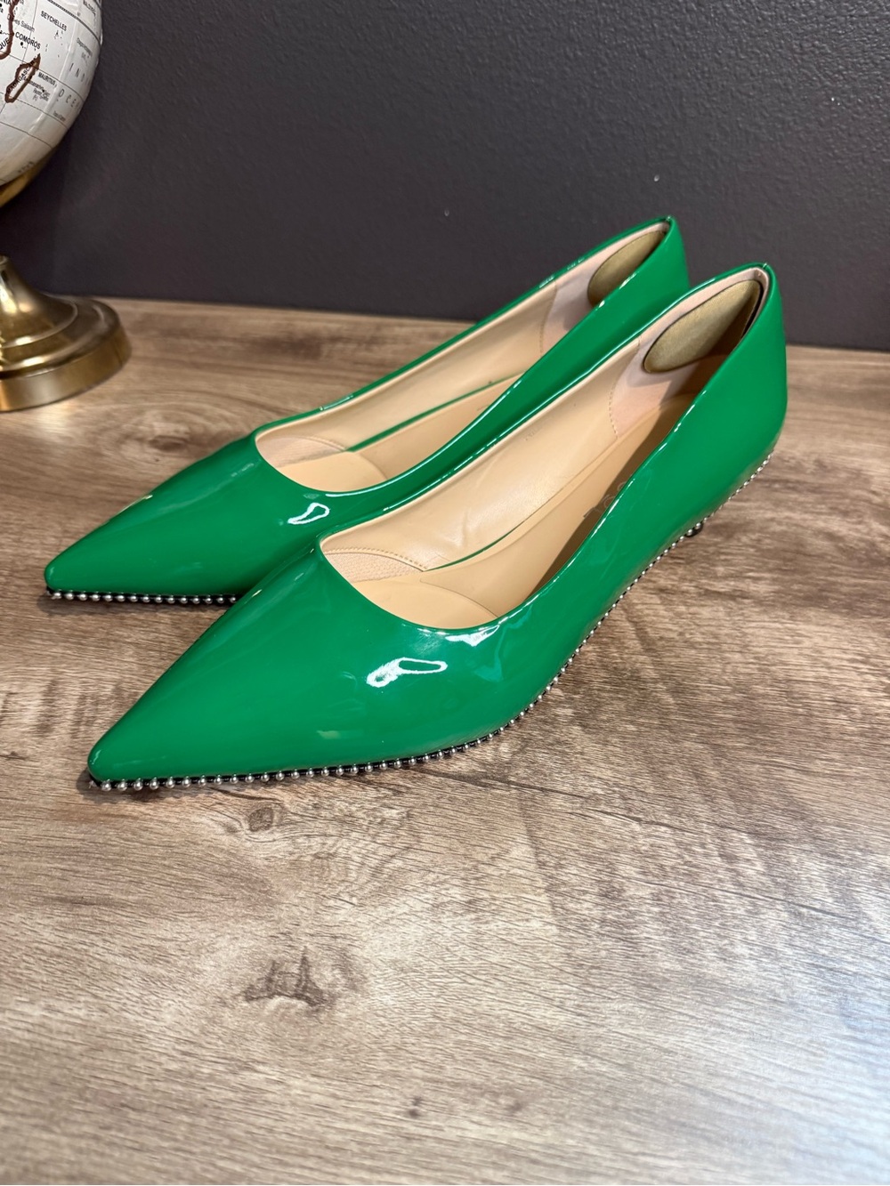 Patent Green Pointed Toe Women's Flats with Stud Trim